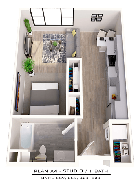 Floor plan for studio, 1 bath, 558 sqft